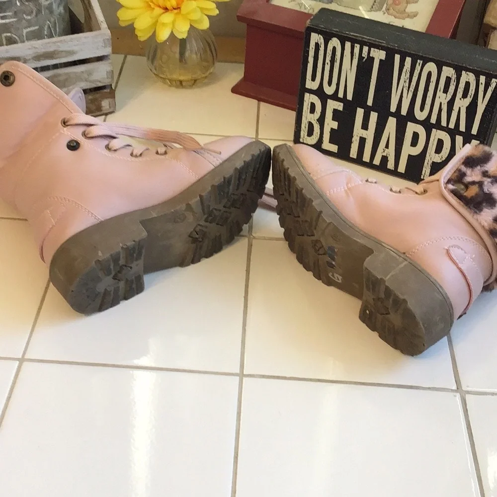 ‘Olivia Miller Girl’ Blush Animal Faux Fur Combat Boots